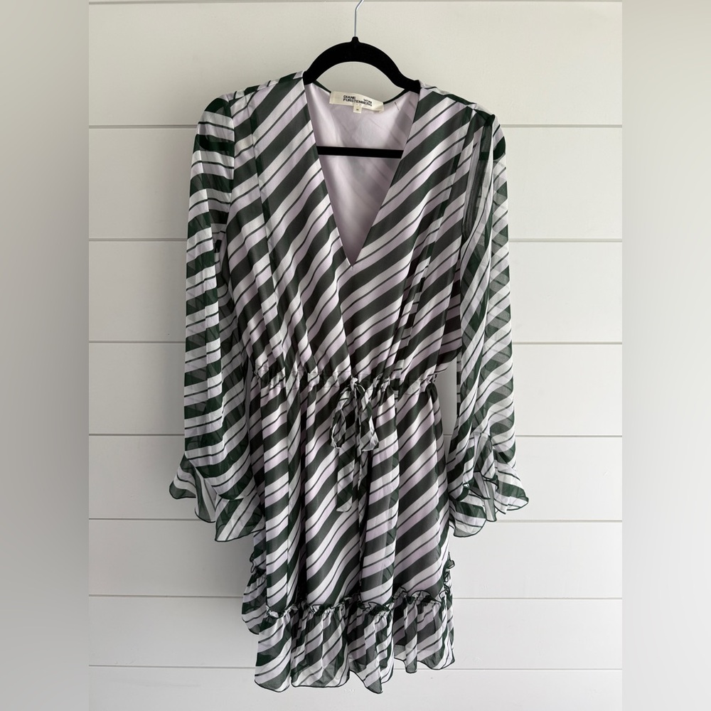 Diane Von Furstenberg Harlene Stripe Lavender Fog Green Striped Dress, Size Med